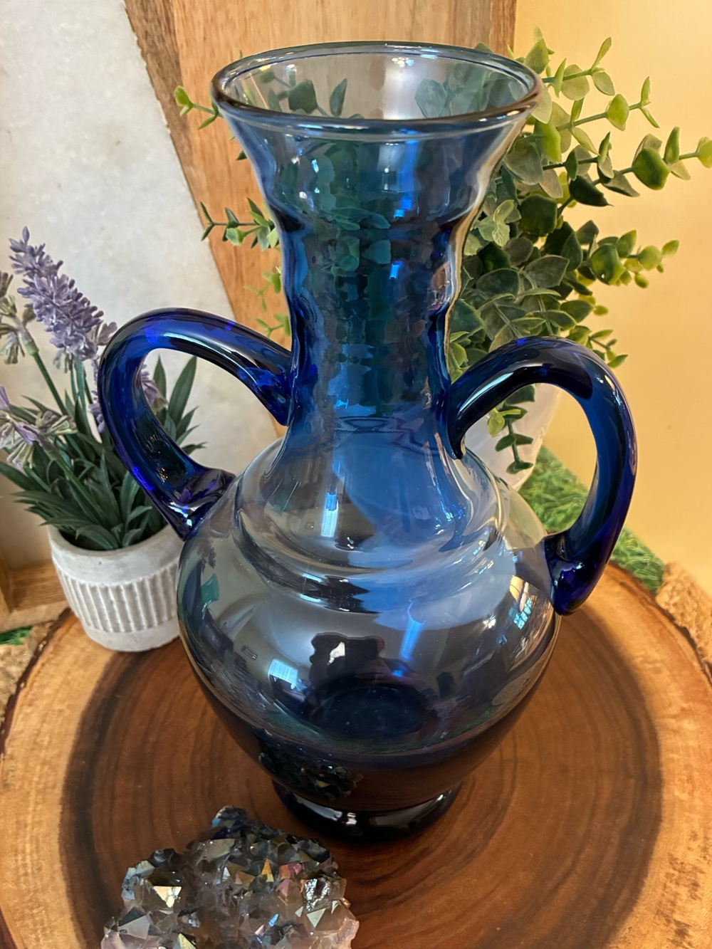 Vintage Cobalt Hand Crafted Double-Handled Blown Glass Vase